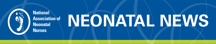 Header for the National Association of Neonatal Nurses featuring the title "Neonatal News" against a blue background with a graphic of a baby footprint, emphasizing neonatal nursing updates and resources.